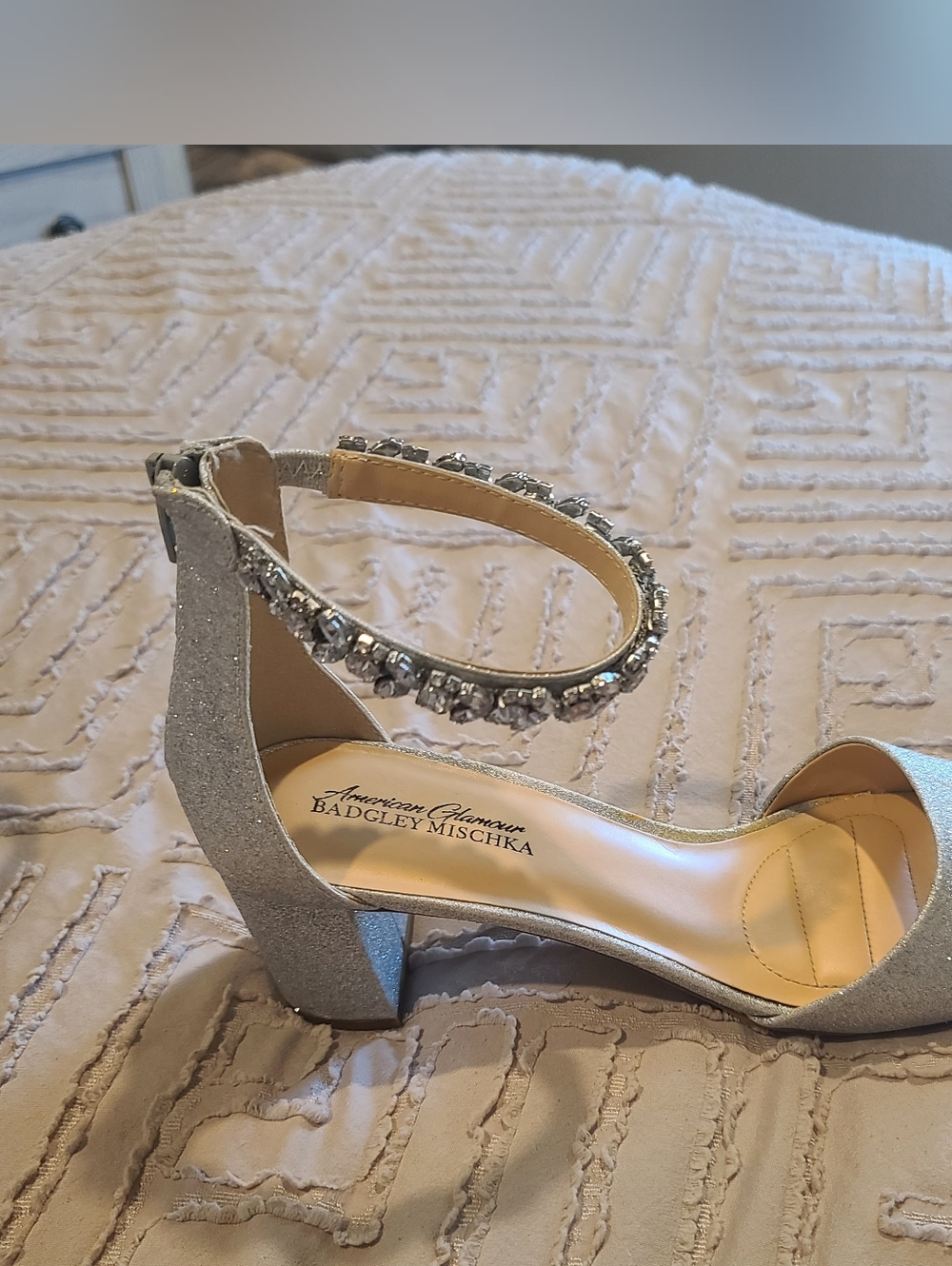 Badgley Mischka Silver Jeweled Ankle-Strap Block Heel